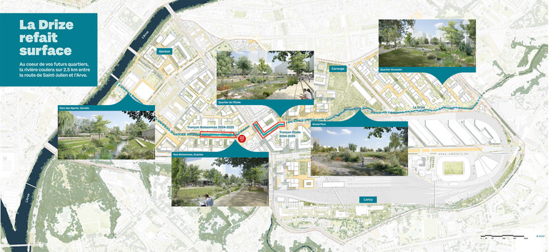 Périmètre général du projet Espaces-rivières de la remise à ciel ouvert de la Drize à travers le PAV sur 2.5 km, avec les étapes 2024-2025 du secteur Etoile et du secteur Boissonnas mises en évidence. ©ge.ch
