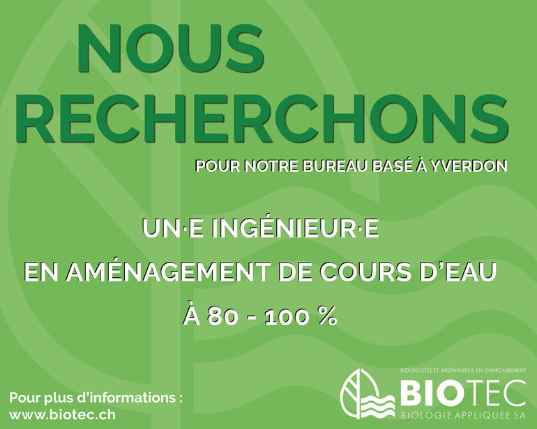 nous recherons un.e ingénieur.e en aménagement de cours d'eau à 80-100% pour notre bureau à Yverdon