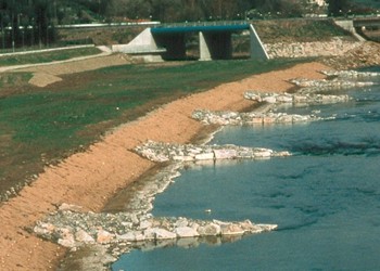 Vue de l‘aménagement mixte réalisé avec épis déflecteurs en enrochements, lits de plançons en pied de berge, plantations, ensemencement et géotextiles biodégradables (avril 1998) 