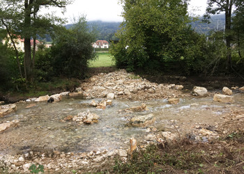 Vue du seuil avec amas de blocs déflecteur de courant depuis la berge gauche État : après travaux