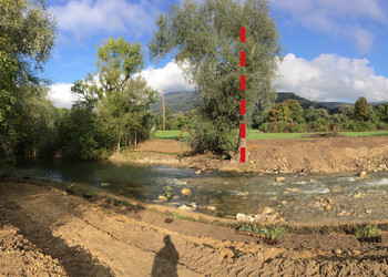 En travaux. Vue du périmètre d’étude à la fin des travaux de destruction des éléments anthropiques. La berge gauche est en cours de reconstitution.