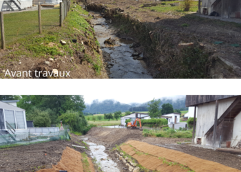 Avant travaux : berge raide et déconnexion du milieu aquatique avec le milieux terrestre  |  Après travaux : pente des berge adoucie et création de terrasses inondable. 
