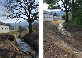 Avant travaux : mur de stabilisation de berge instable  |  Après travaux : suppression du mur et aménagement mixte de la berge (enrochement et lit de plants)