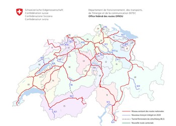 Vue d’ensemble des routes nationales : les anciennes routes cantonales intégrées par la Confédération dans le réseau routier national sont en bleu. Ce mandat a été effectué sur la partie romande de la N18 ainsi que sur les 2 tronçons de la N20. 