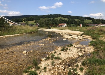 Etat réalisé (août 2021) – Tronçon dédié à la protection contre les crues. Suite aux mesures de protection contre les crues, la section d’écoulement a été augmentée, la berge droite légèrement rehaussé. Du point de vue de la biodiversité, la connectivité latérale a été restaurée (adoucissement des berges). La largeur et la profondeur de la Scheulte sont à nouveau variable et libre d’évoluer librement.