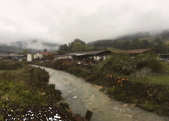 Etat initial (octobre 2019) - Tronçon dédiée à la protection contre les crues (après les travaux d’abattages). Le gabarit du cours d’eau est insuffisant et que son état morphologique peut être qualifié comme atteint (variabilité de la largeur : nulle, variabilité de la profondeur limitée, etc.)