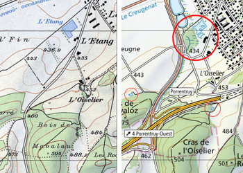 Porrentruy Ouest avant la construction de l’autoroute A16 (1970) et actuellement. L’étang Corbat est représenté de manière rectangulaire sur la carte de 1970. On aperçoit les 3 mares aménagées proches des forêts, ainsi que la forêt humide aménagée à côté de l’étang Corbat et le ruisseau de Bressaucourt remis à ciel ouvert qui se déverse dans la forêt humide.
