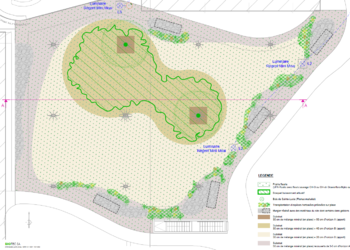 Le projet prévoit la création d’une prairie fleurie avec un bosquet buissonnant et des microstructures de type murgiers (projet d’ouvrage).