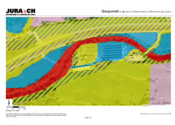 Carte de dangers des inondations à la STEP du SEDE (rouge : danger élevé, bleu : danger moyen, jaune : danger faible, hachure : danger résiduel)