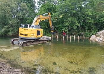En travaux (juin 2022) – secteur amont, rive droite : battage des pieux en prévision de l’ancrage du peigne (structure fichée en bois mort)
