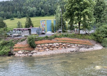 Etat réalisé (juin 2022) – secteur centre à la hauteur de la STEP, rive droite : mesure de stabilisation de l’érosion (enrochement combiné avec un double lit de plants et plançons)