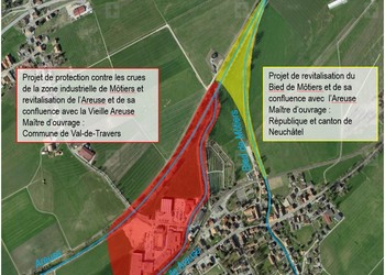 Localisation des deux projets de réaménagement de cours d’eau planifiés conjointement à Môtiers