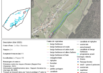 Détail d’une partie d’une fiche tronçon réalisée lors de l’analyse du réseau hydrographique. Ces fiches comprennent une description générale du tronçon (emplacement, localité, longueur, type de végétalisation des berges) et comprennent également la mise en évidence des problématiques connues et des enjeux sécuritaires et écologiques.