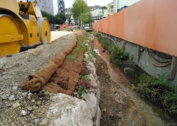 En travaux (septembre 2020) – A gauche rive droite et à droite rive gauche : mise en place des enrochements surplombés de lits de plants et plançons