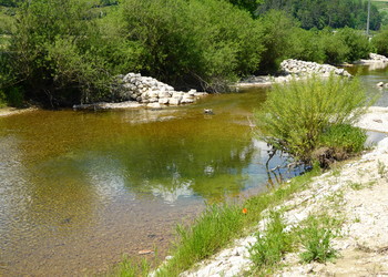 Etat aménagé (mai 2023) – Areuse : diversification des vitesses d’écoulements, des hauteurs d’eau et diversification des habitats aquatiques.