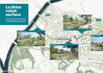 Périmètre général du projet Espaces-rivières de la remise à ciel ouvert de la Drize à travers le PAV sur 2.5 km, avec les étapes 2024-2025 du secteur Etoile et du secteur Boissonnas mises en évidence. ©ge.ch