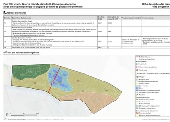 Exemple de fiche action pour l’un des sous-secteurs de l’étude, avec extrait du plan d’aménagement et tableau descriptif des mesures