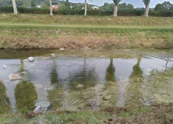 Travaux (septembre 2024) – Réalisation d’une fosse et mise en place de blocs d’enrochement pour accélérer les écoulements et réduire l’atterrissement.