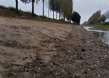 Travaux (octobre 2024) – Terrassement du replat inondable en rive droite et mise en place d’une stabilisation en blocs au début du terrassement