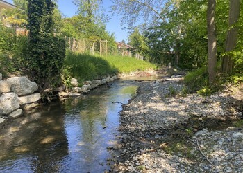 Etat réalisé (avril 2025) – 6 mois après la fin des travaux. Resserrement du lit mineur, assainissement des berges et stabilisation en technique mixte pour protéger les habitations adjacentes.