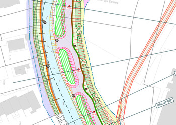 Extrait du plan des aménagements avec la création d’un bras secondaire et les principes de végétalisation de la 1ère étape de travaux 2025/2026