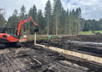Travaux (septembre 2025) – Construction d’une palissade par enfoncement de madriers rainés-crêtés de 3 m de long. Les machines et les hommes se déplacent sur des pistes de chantier provisoires composées de grandes plaques en bois ou en plastique pour assurer la portance et protéger le marais.