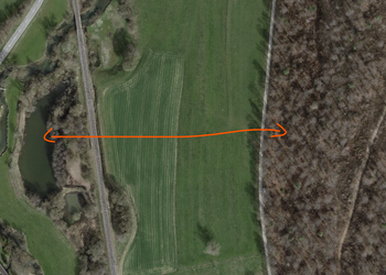 Situation d’un des deux sites : la voie de migration en rouge, entre la forêt (site d’hibernage) et le plan d’eau (site de reproduction) traverse la ligne de chemin de fer